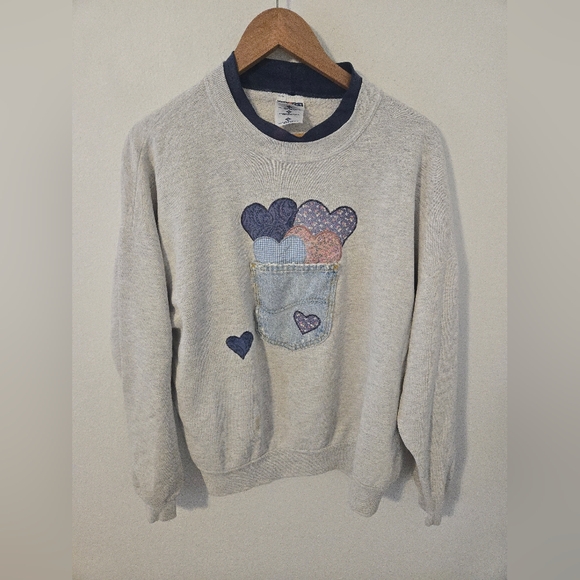 Jerzees Tops - Vintage Jerzees Denim Pocket Heart Sweatshirt Womens XL 90s Double Collar